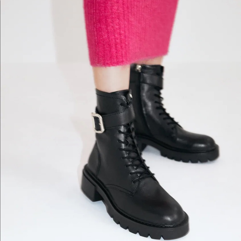 Zara Low Heel Leather Boots w/side buckle